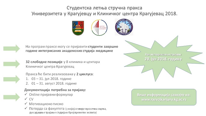 Студентска летња стручна пракса  Универзитета у Крагујевцу и  Клиничког центра Крагујевац 2018.